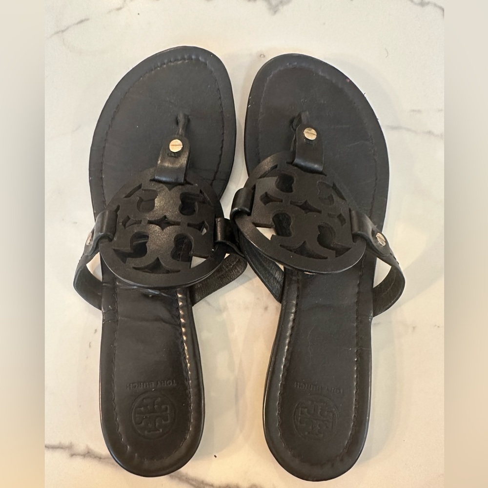 Tory Burch Miller black flip flops leather